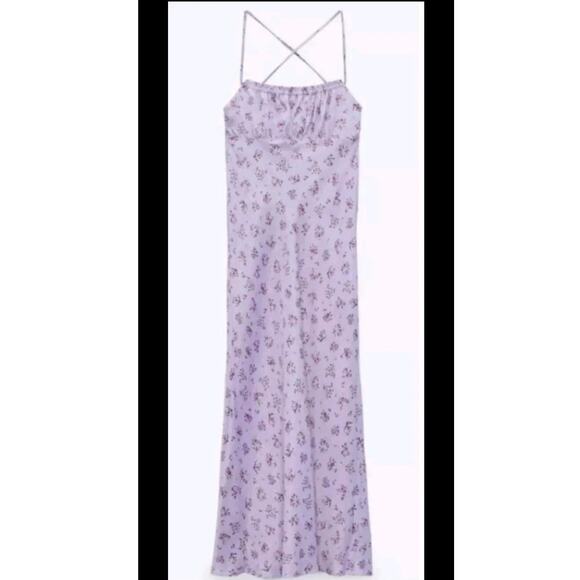 Zara Womens Dress Size Medium Satin Floral Lilac Purple Halter Flowers Designer - Picture 5 of 15